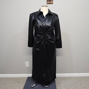 Eloquii Faux Leather Shirt Dress Plus Size 16 Black Midi Ruched Minimalist NWT